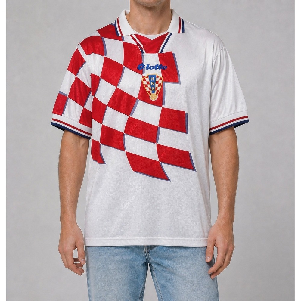 Vintage Lotto Croatia National Team Soccer Jersey Red White Checkered HNS Shirt